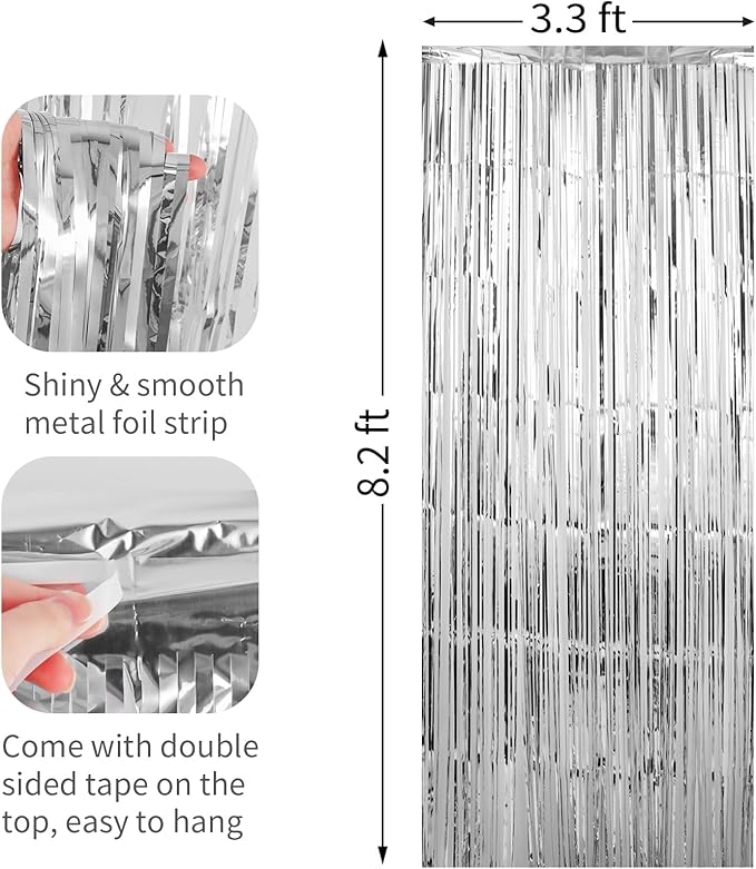 2 Pack Silver Foil Fringe Curtains Streamers Party Decorations 3.3 x 8.2 ft - Image 2