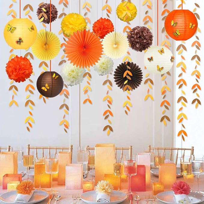Fall Party Decorations Kit Yellow Orange Brown Paper Hanging Fans Lantern - Image 5