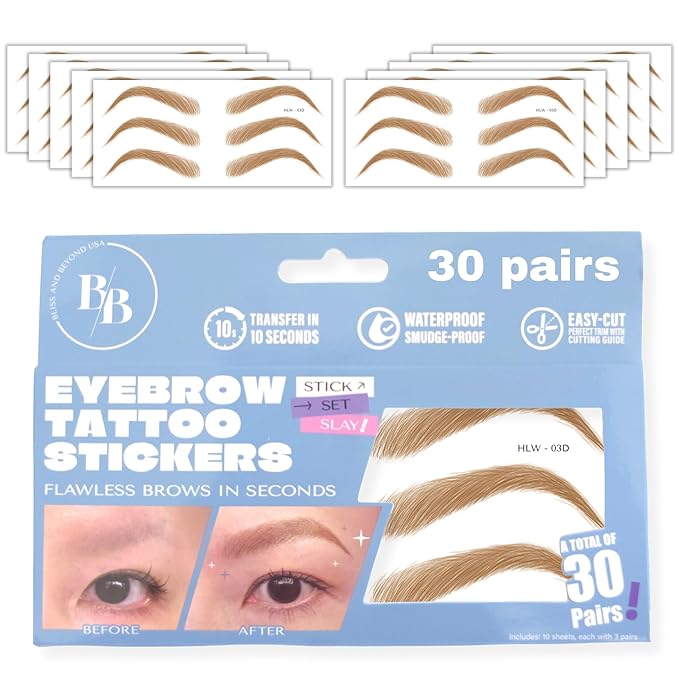 Bliss and Beyond USA Eyebrow Tattoo Stickers Waterproof – 30-Pair Deluxe Box | by BlissandBeyondUSA