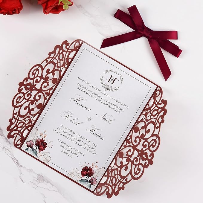 50pcs Burgundy Wedding Invitation Cards Pocket - Image 5
