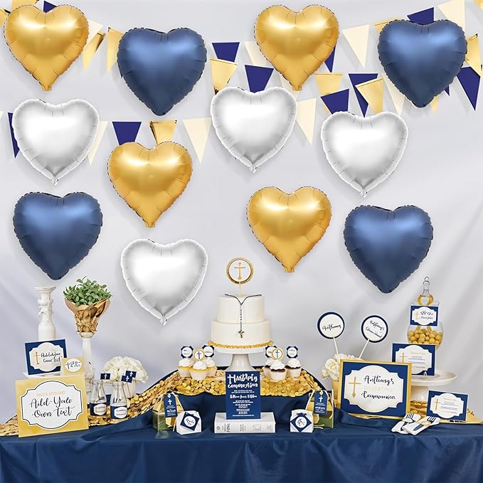 Blue Gold Silver Heart Balloons - Image 4