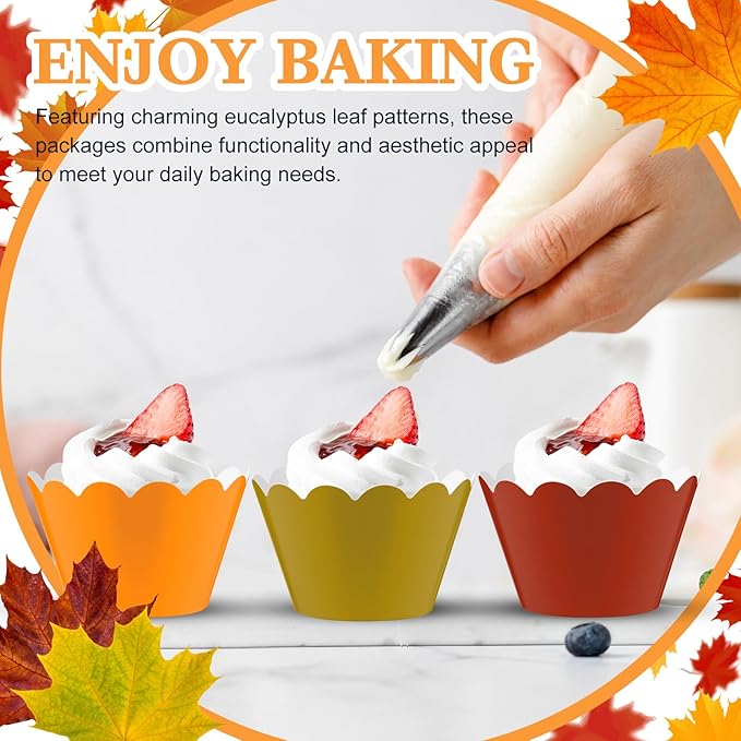 Domensi 100 Pcs Fall Cupcake Wrappers Rustic Cupcake Liners Thanksgiving Baking - Image 4