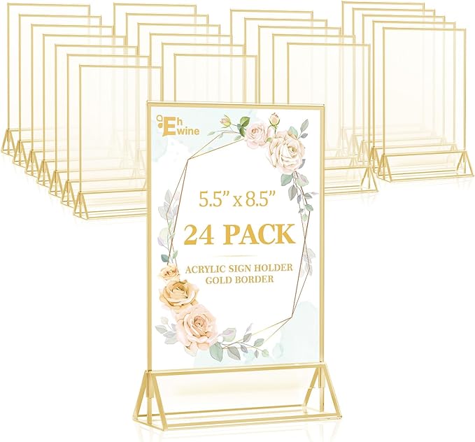 EHWINE 24 Pack Acrylic Sign Holder 5.5 x 8.5, Double Sided Gold Picture Frame by EHWINE