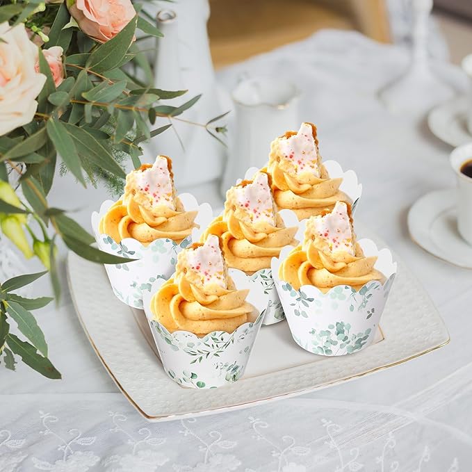 Domensi 100 Pcs Eucalyptus Cupcake Wrappers Rustic Cupcake Liners Green Tulip - Image 7