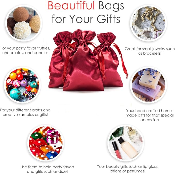 Knitial 4" x 6" Burgundy Satin Gift Bags, Wedding Favor Drawstring Bags Baby - Image 2
