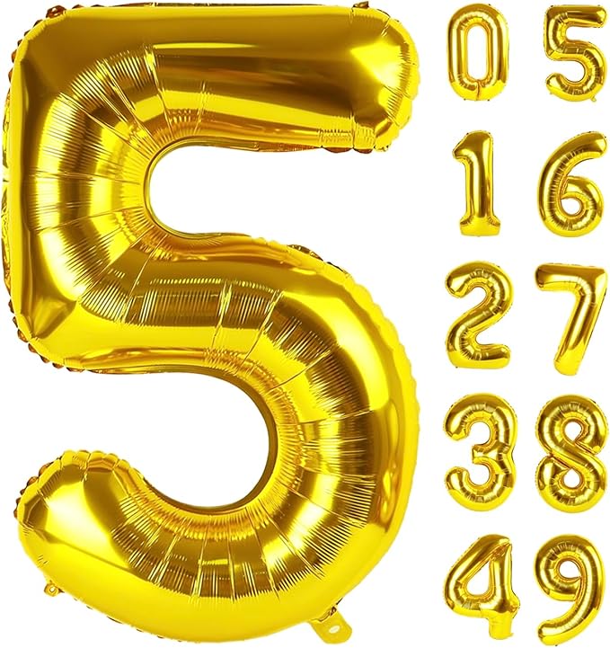 Gold 40 Inch Large Number 5 Birthday Balloon, Five 5th 15 25 35 50 55 Birthday by Upgesy
