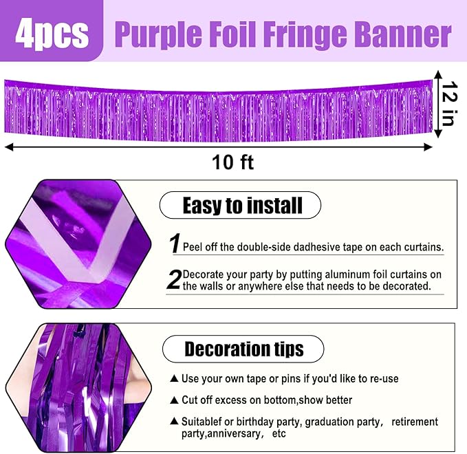 4 Pack 10 Feet Purple Foil Fringe Garland Metallic Tinsel Streamers Banner Wall - Image 2