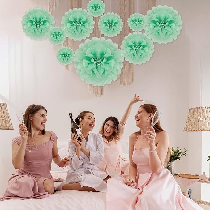 Tissue Paper Pom Poms, Light Green Tissue Paper Flowers, Hanging Flower Balls - Image 4