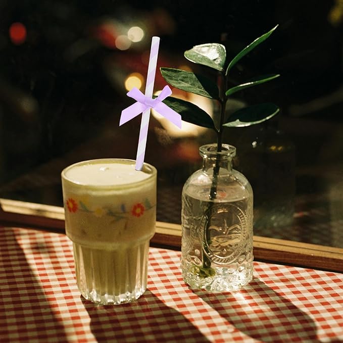 60Pcs Purple Paper Straws with Bow Tie Decorations, Disposable Drinking Straws - Image 8