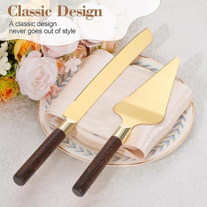 Gold Cake Cutting Set for Wedding, Wood Cake Knife and Server Set, Vintage - Image 4