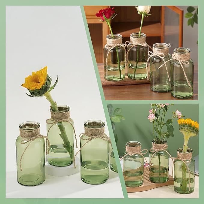 Green Glass Flower Vases for Centerpieces Set of 6, Mason Jars Boho Cylinder - Image 3