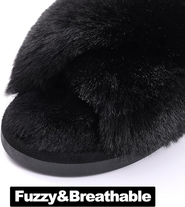 Evshine Women's Fuzzy Slippers Cross Band Memory Foam House Slippers Open Toe - Image 3