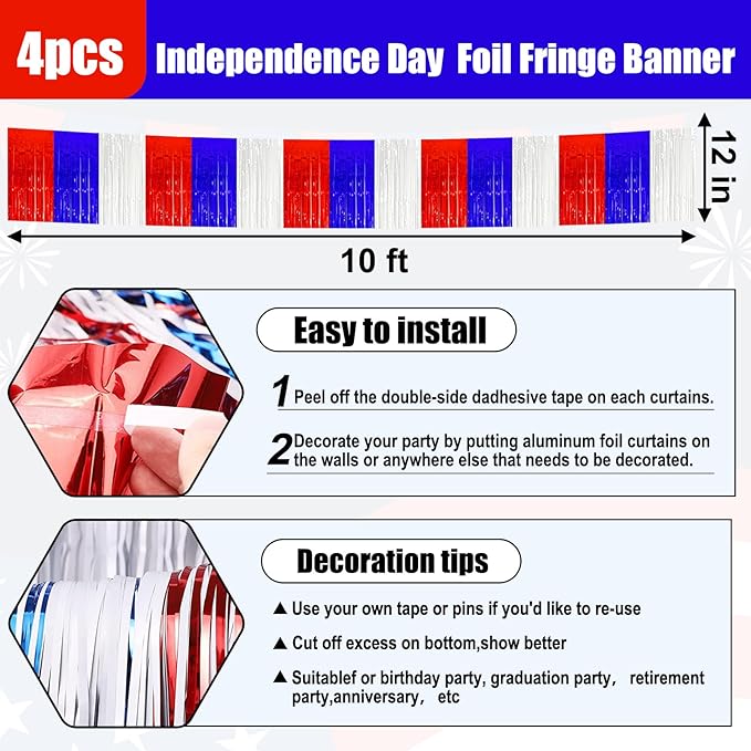 4 Pack 10 Feet White Blue Red Foil Fringe Garland Metallic Tinsel Streamers - Image 2