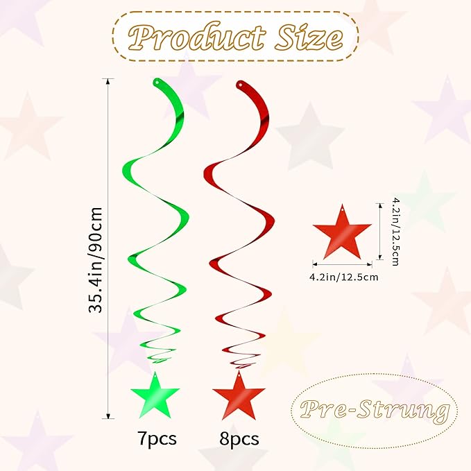 BEISHIDA Red Green Star Hanging Swirl Decorations, Birthday Hanging Party - Image 2