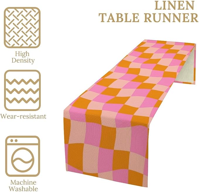 Checkered Table Runner Orange Retro 60s70s Boho Style Kitchen Restaurant - Image 5