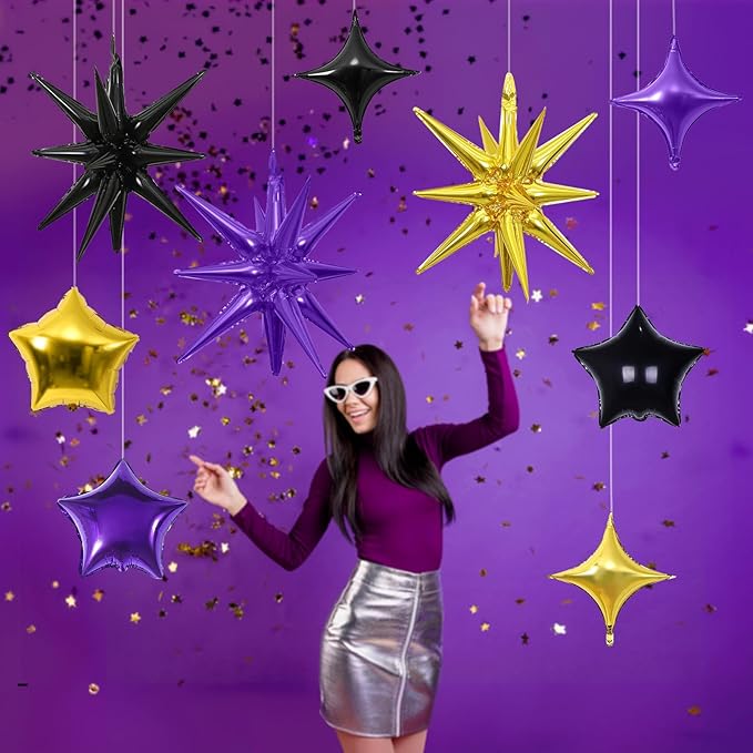 Star Balloons, 22in Purple Black and Gold Star Balloons Foil 10in 4-Pointed & - Image 4