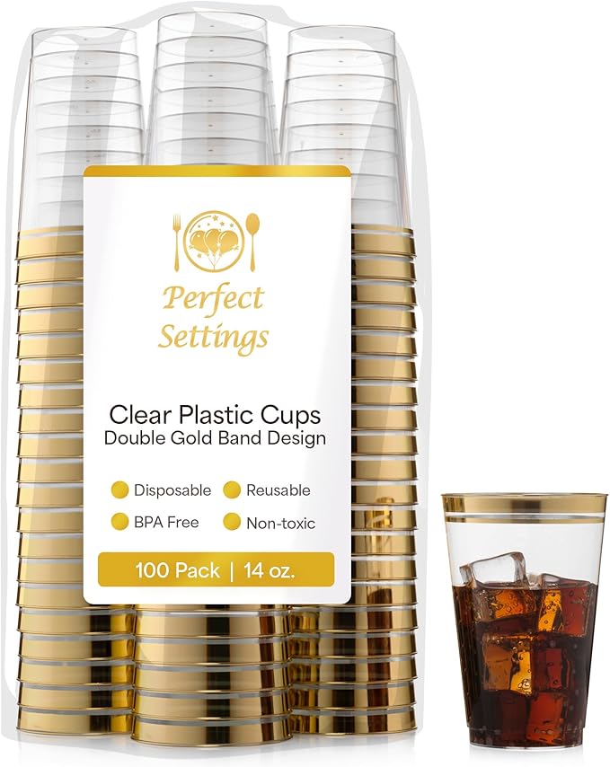 Perfect Settings Premium Double Gold Rimmed Disposable Plastic Cups, Durable by PerfectSettings