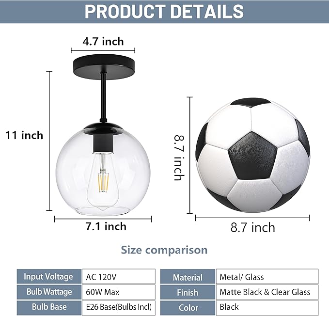 Black Semi Flush Mount Ceiling Light Fixture - Image 5