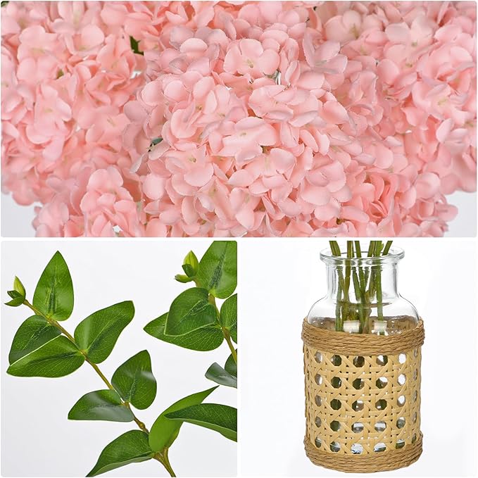 Hollyone Pink Hydrangea Artificial Flowers in Woven Glass Vase - Image 7