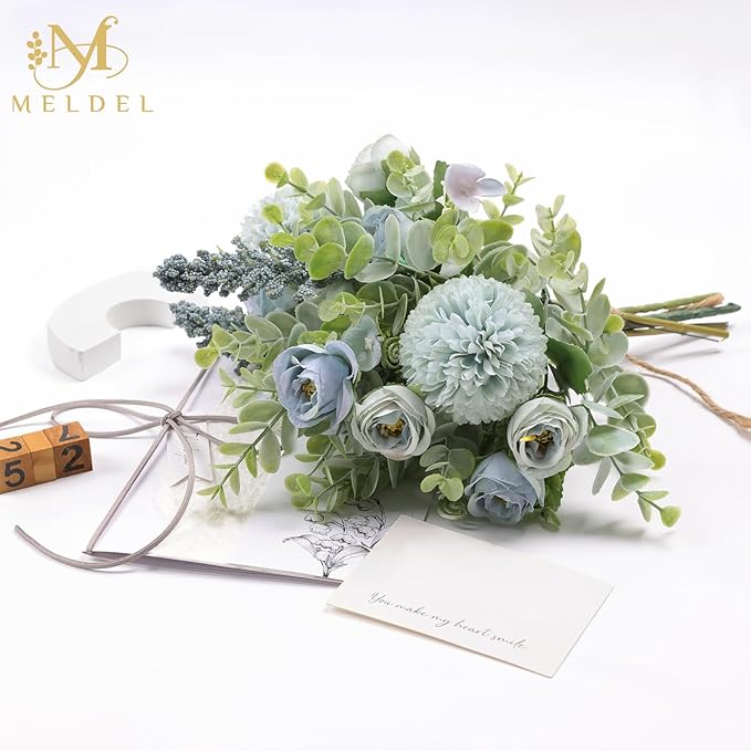 Meldel 3Pcs Rose Bouquet Blue Artificial Flowers Fake Eucalyptus Plants Silk - Image 7