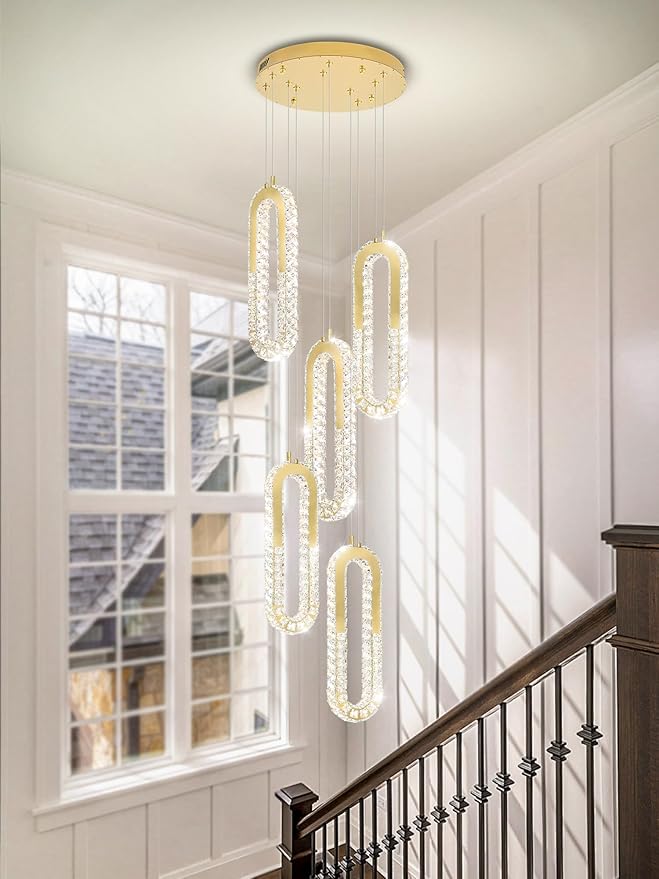 5 Rings Crystal Chandeliers for Staircase Large Pendants Light Fixture Gold - Image 3