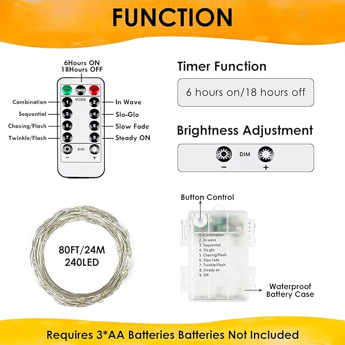 4Pack 80Ft 240LED Fairy Lights Battery Operated - Image 6