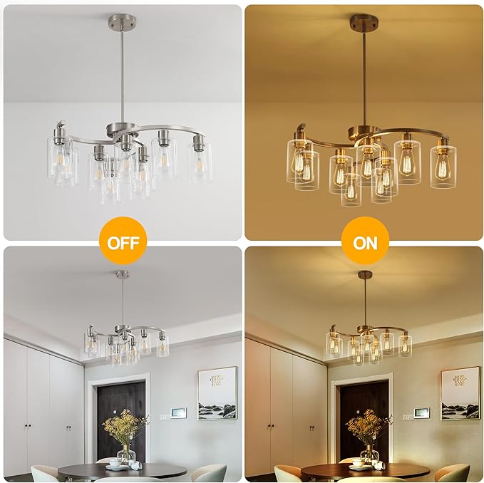9-Light Brushed Nickel Glass Chandelier, Adjustable Height Hanging Industrial - Image 5