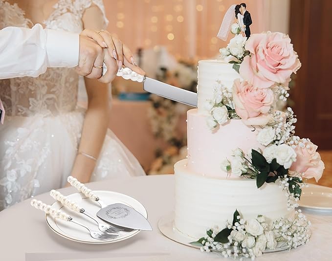 Wedding Cake Knife and Server Set, Ceramic Pearl Handle Cake Cutting Set - Image 5