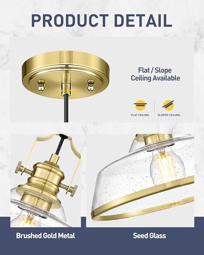 kudos Gold Pendant Lights Kitchen Island, Farmhouse Gold Seeded Glass Pendant - Image 3