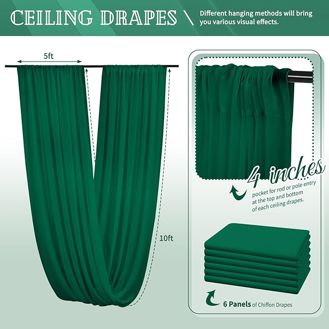 6 Panels Emerald Green Ceiling Drapes - Image 2