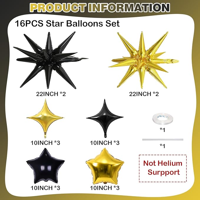 Black and Gold Star Balloons, 22in Large Star Balloons Foil 10in 4-Pointed & - Image 2