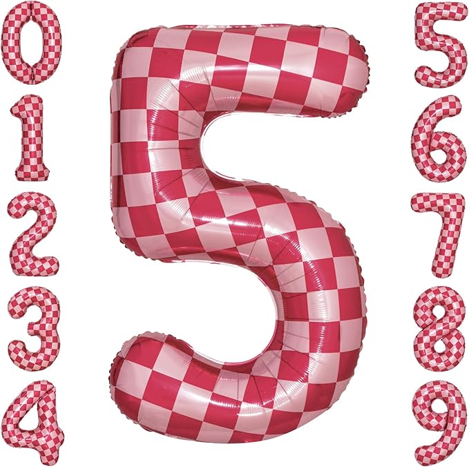 40 Inch Pink Checkered 5 Balloon Large Hot Pink Number Balloons by cocodino