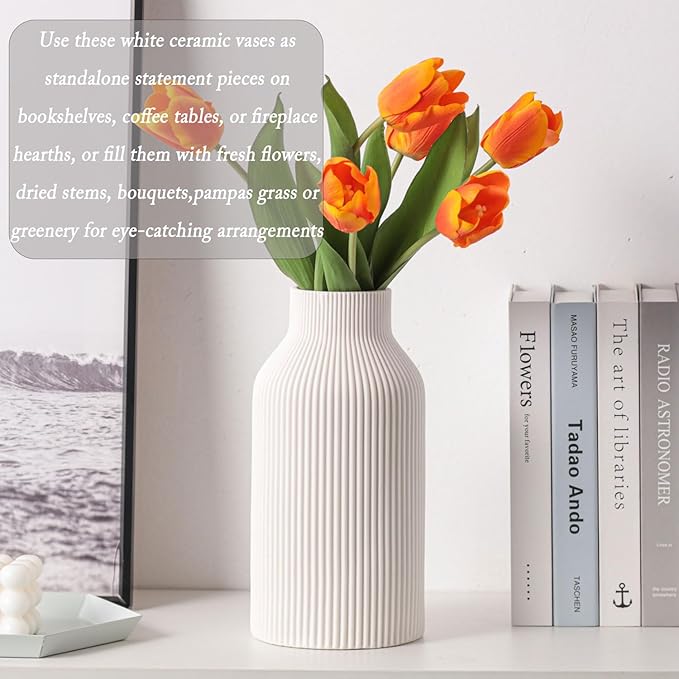 10 Inch White Ceramic Vase for Decor, Minimalist Modern Home Decorative Large - Image 5