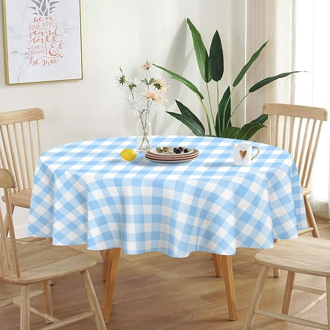 QIKSION Blue Gingham Round Tablecloth 6 Pack, 84 Inch Plastic Checkered Table - Image 2