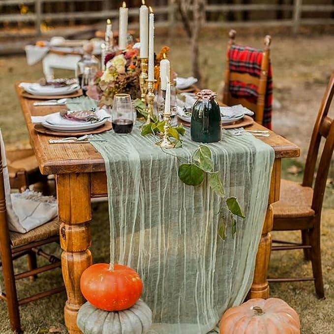Hahuho Sage Green Cheesecloth Table Runner 10ft, Gauze Boho Rustic Table Runners - Image 6