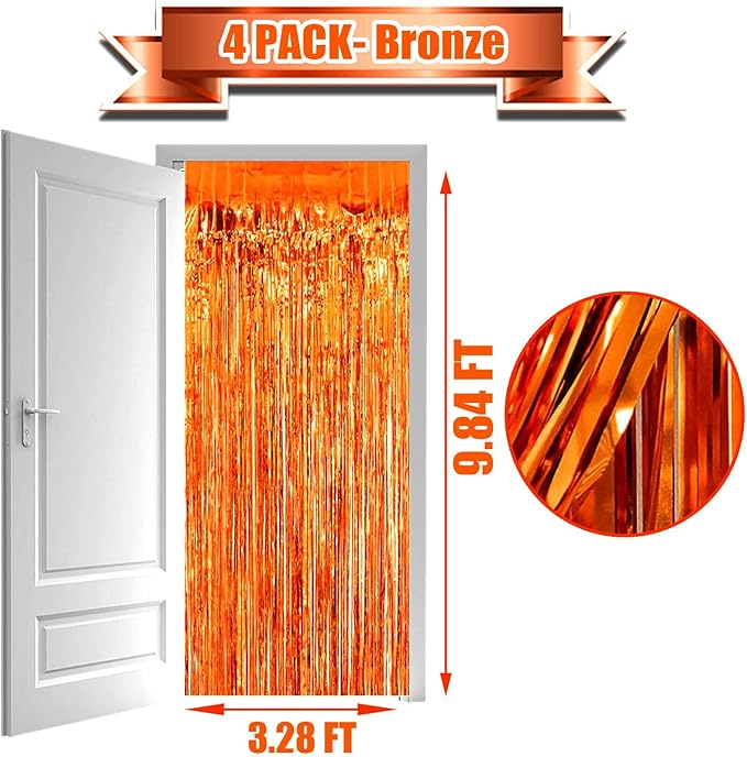 4 Pack Orange Foil Fringe Curtain Backdrop, 3.28Ft x 9.84Ft Metallic Tinsel - Image 2