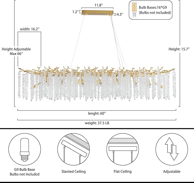 YUYI Gold Crystal Chandelier, Modern 60" Rectangular Chandeliers - Image 8