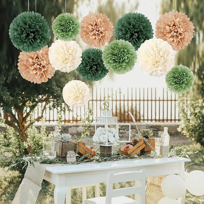 Capesaro Olive Sage Green 12PCS Paper Pom Poms Party Decorations - Image 6