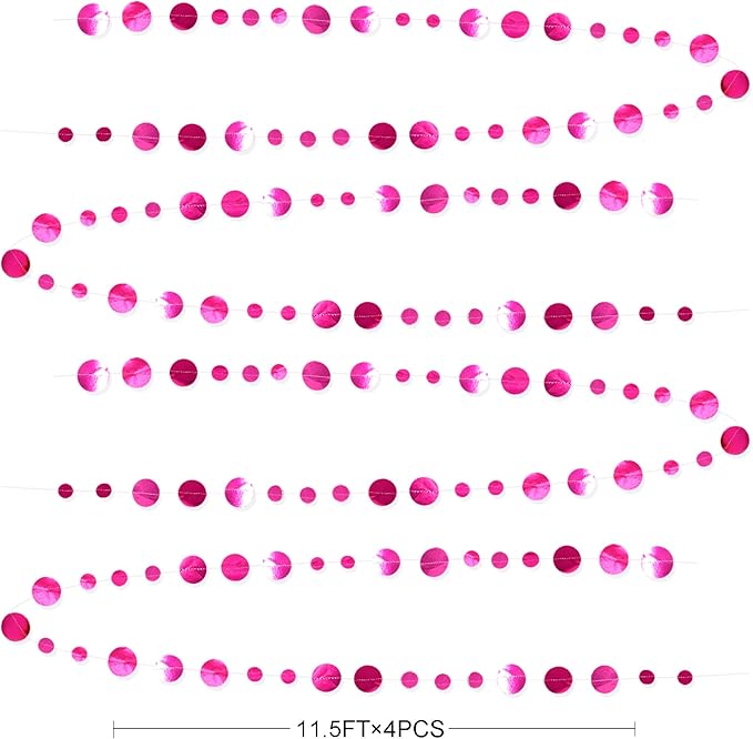 Hot Pink Party Decorations Circle Dots Garland Metallic Rose Pink Hanging Paper - Image 2