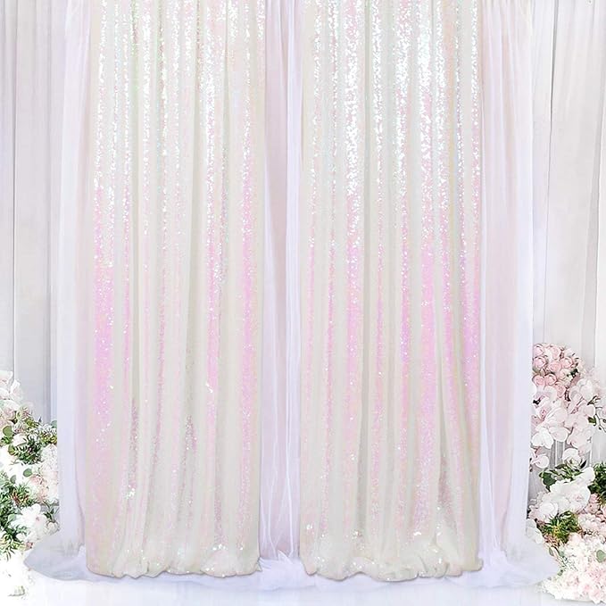 ShinyBeauty Sequin Backdrop 2FTx8FT Iridescent White 2 Pieces White Sequin Back - Image 6
