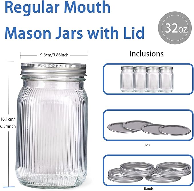 MirthMood 32 OZ Wide Mouth Mason Jars, 4 PACK Glass Mason Jars - Image 2