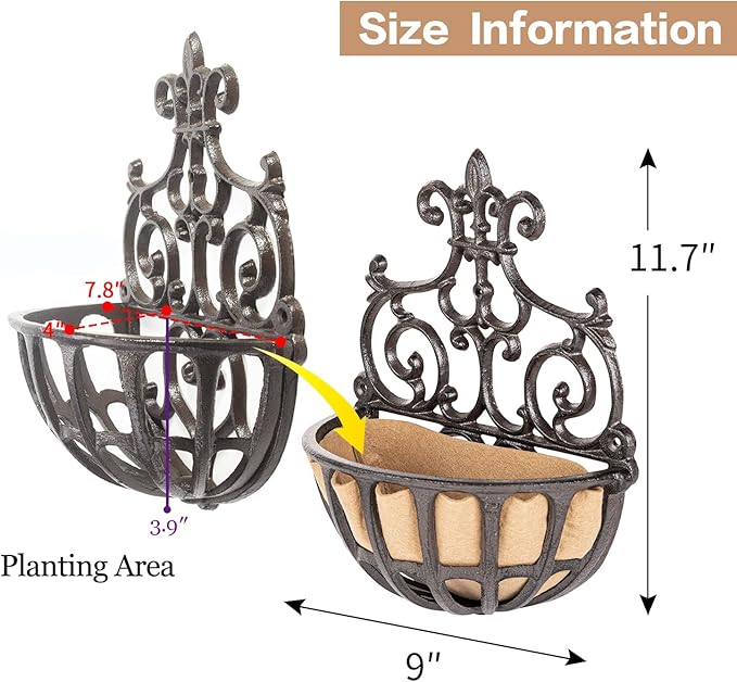 Sungmor 2PC Small Cast Iron Baskets, Heavy-Duty Wall Hanging Hollow Planter - Image 6