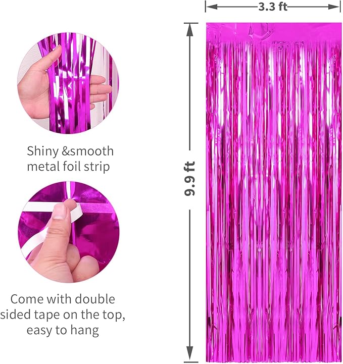 Crosize 2 Pack 3.3 x 9.9 ft Hot Pink Foil Fringe Backdrop Curtain, Streamer - Image 2