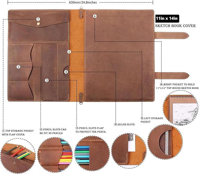 Robrasim Handmade Leather Sketchbook Cover, Artist Sketch Pad Holder - Image 2