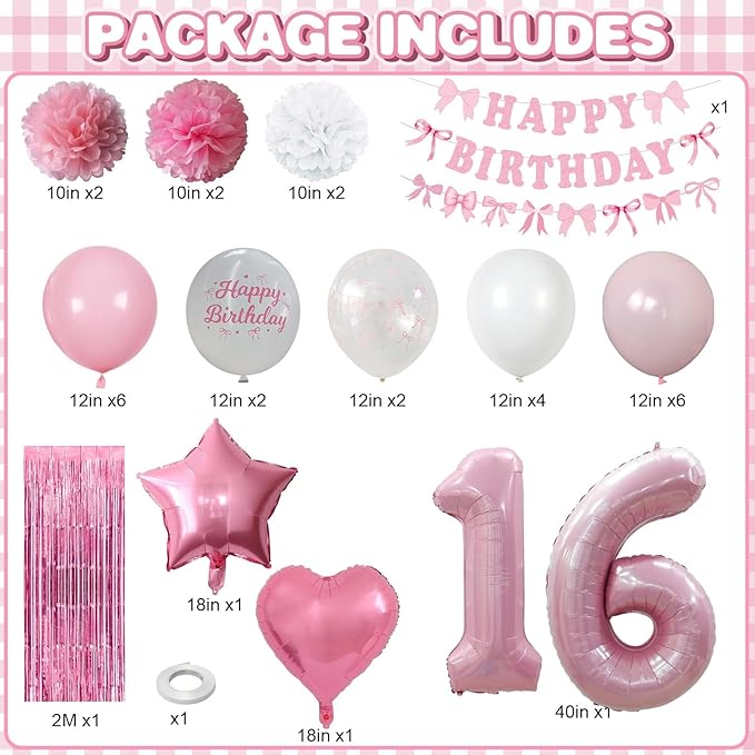 16th Birthday Decorations for Girls Pink Number 16 Balloon Bow Coquette Happy - Image 3