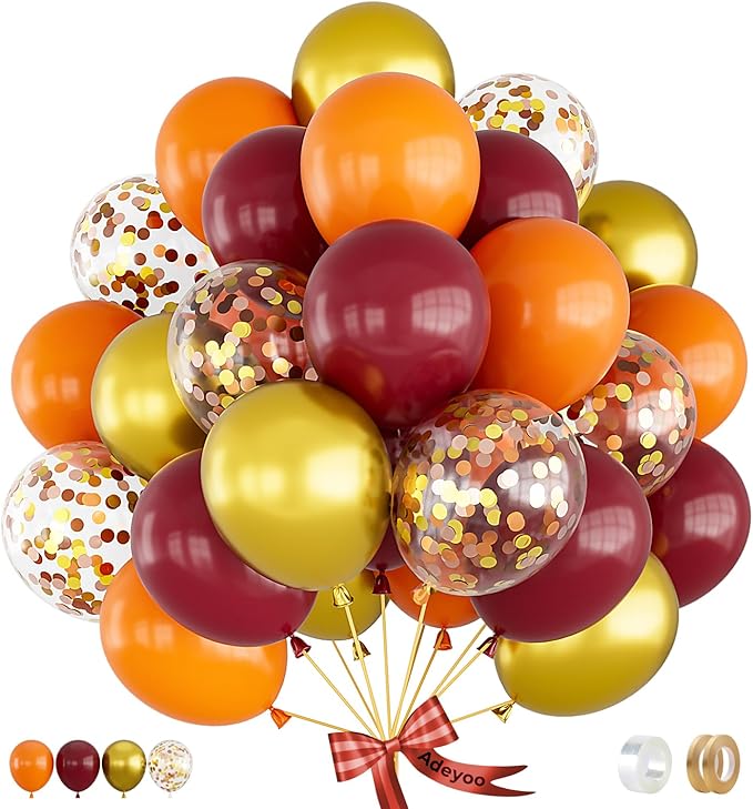 Fall Balloons, 12 Inch Thanksgiving Balloons Set Burgundy Orange Metallic Gold by Adeyoo