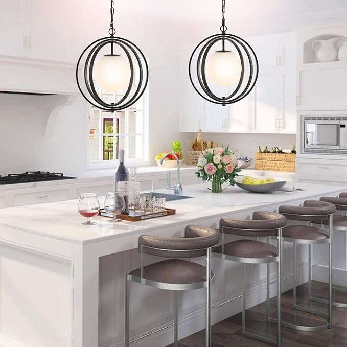 Black Orb Chandelier 1 Light Globe Pendant Light Fixtures White Globe Glass - Image 2