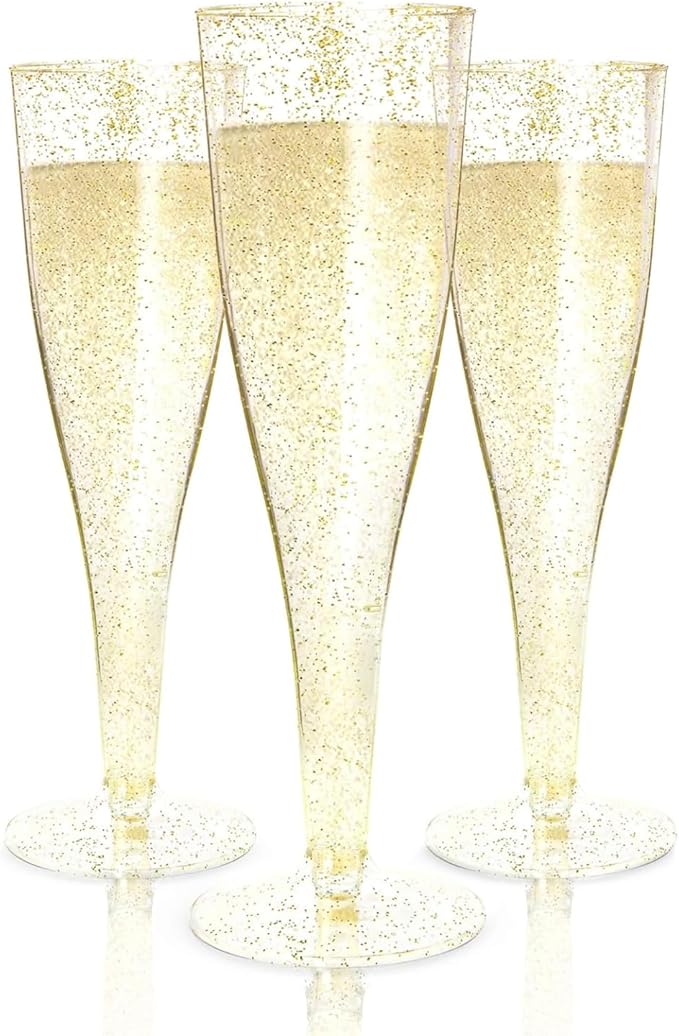Prestee 200 Disposable Champagne Flutes Gold Glitter Glasses by Prestee
