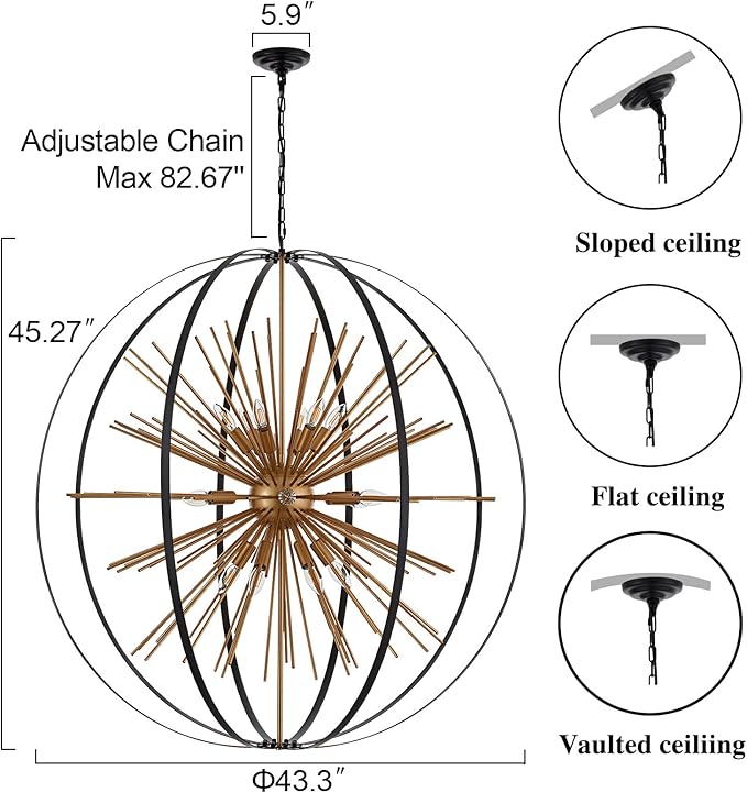 43.3" Black Gold 18-Light Globe Sputnik Chandelier Modern Adjustable Hanging - Image 2
