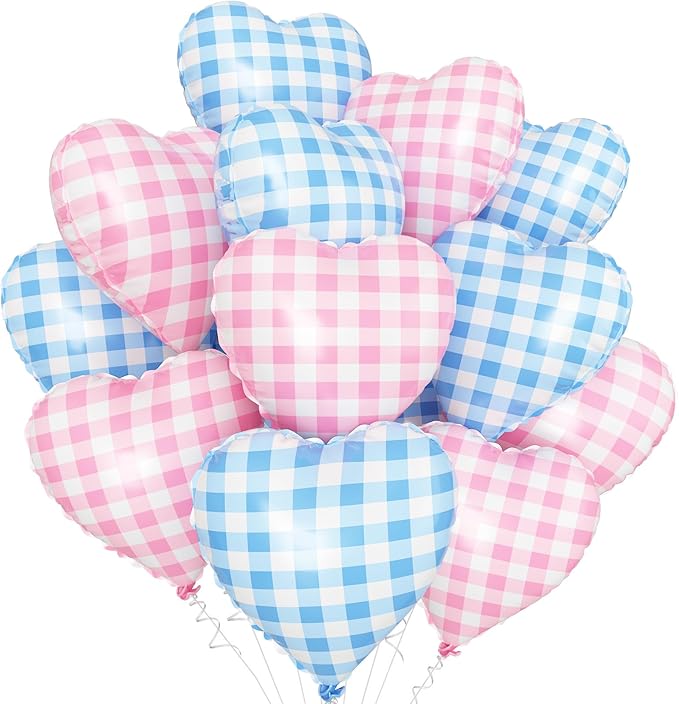 Pink Blue Checkered Heart Balloons by Adorely